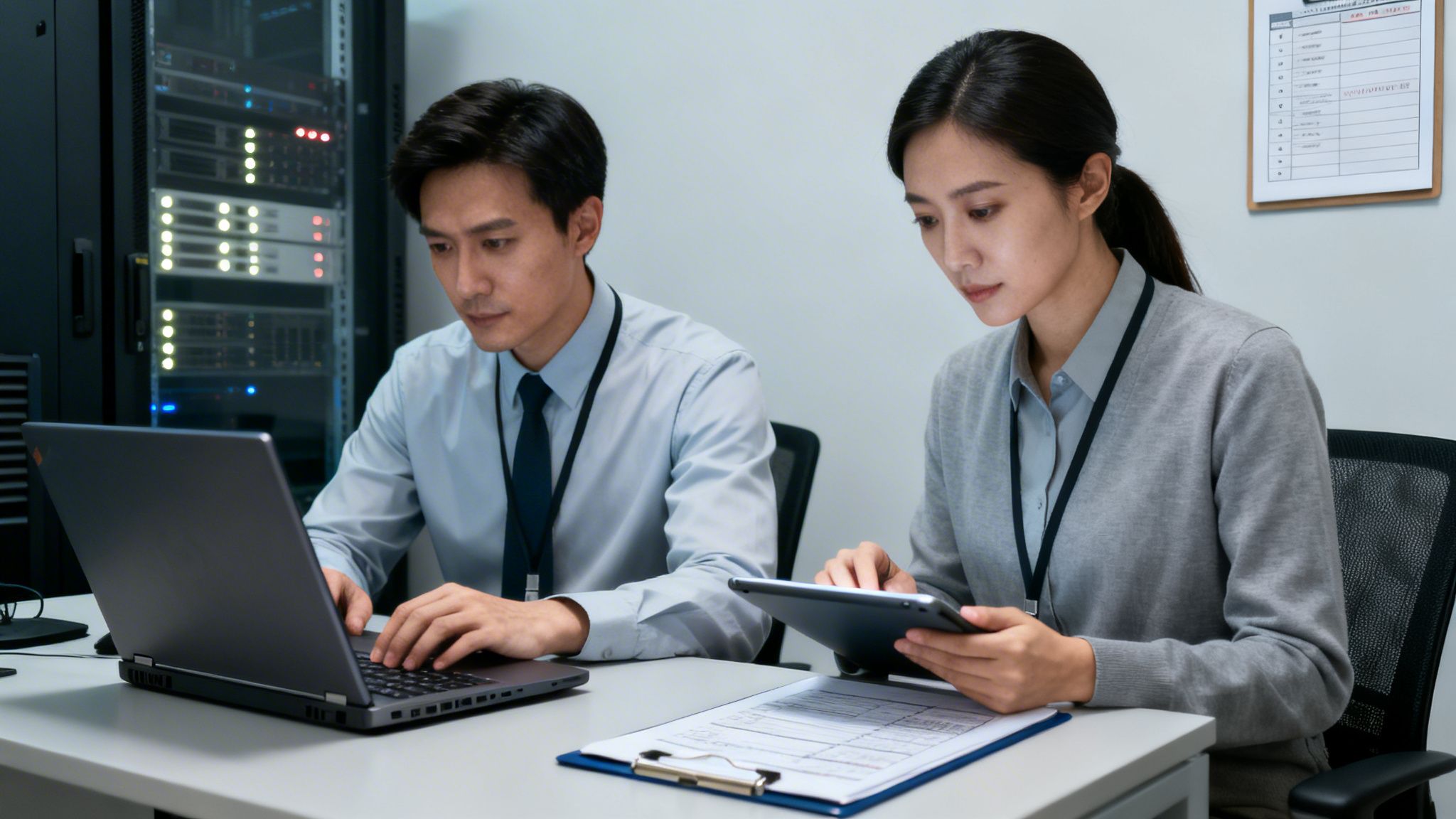 Two focused IT professionals, a man on a laptop and a woman on a tablet, working in a data center.