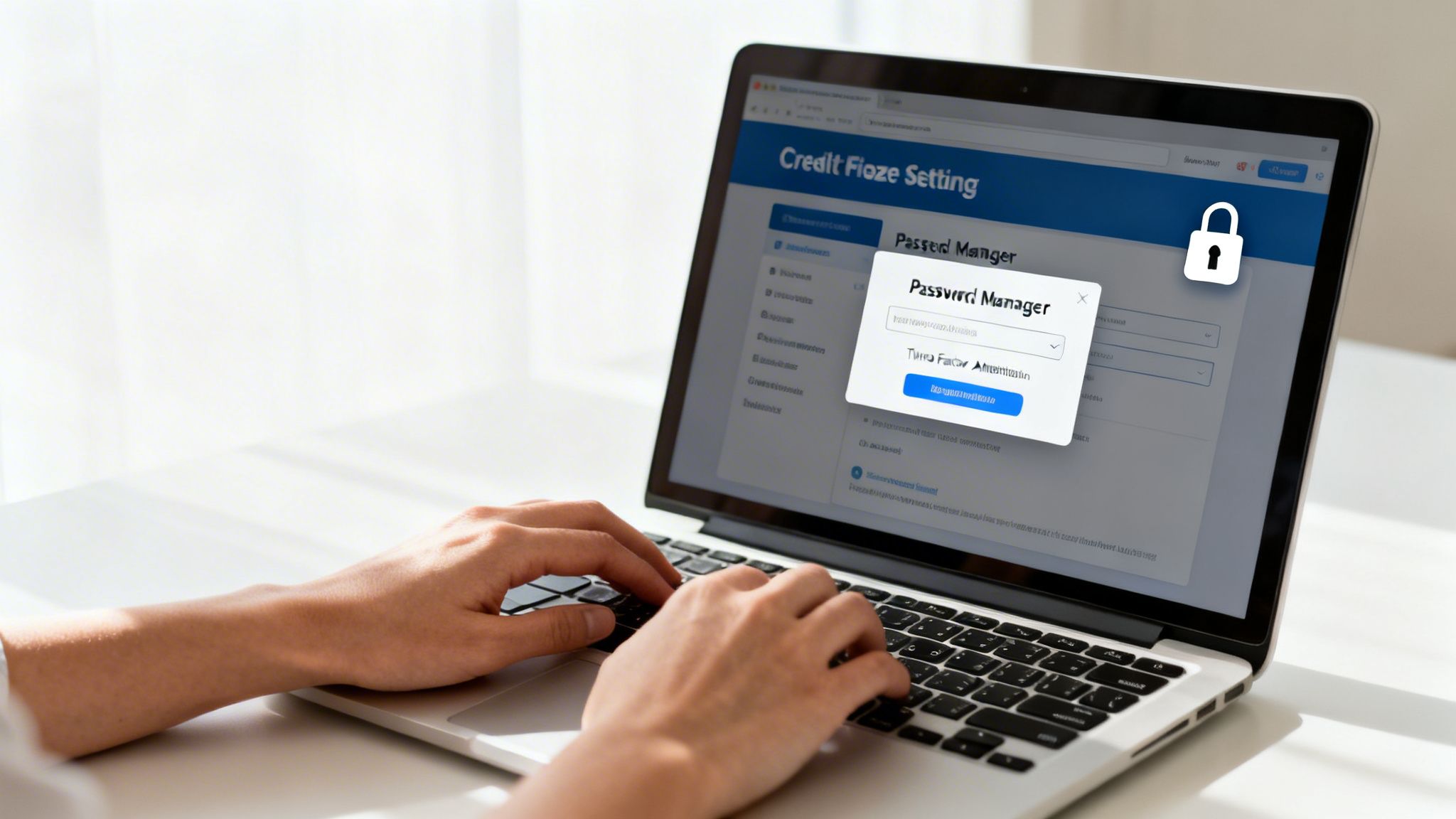 Hands typing on a laptop screen displaying a password manager pop-up with a security padlock.