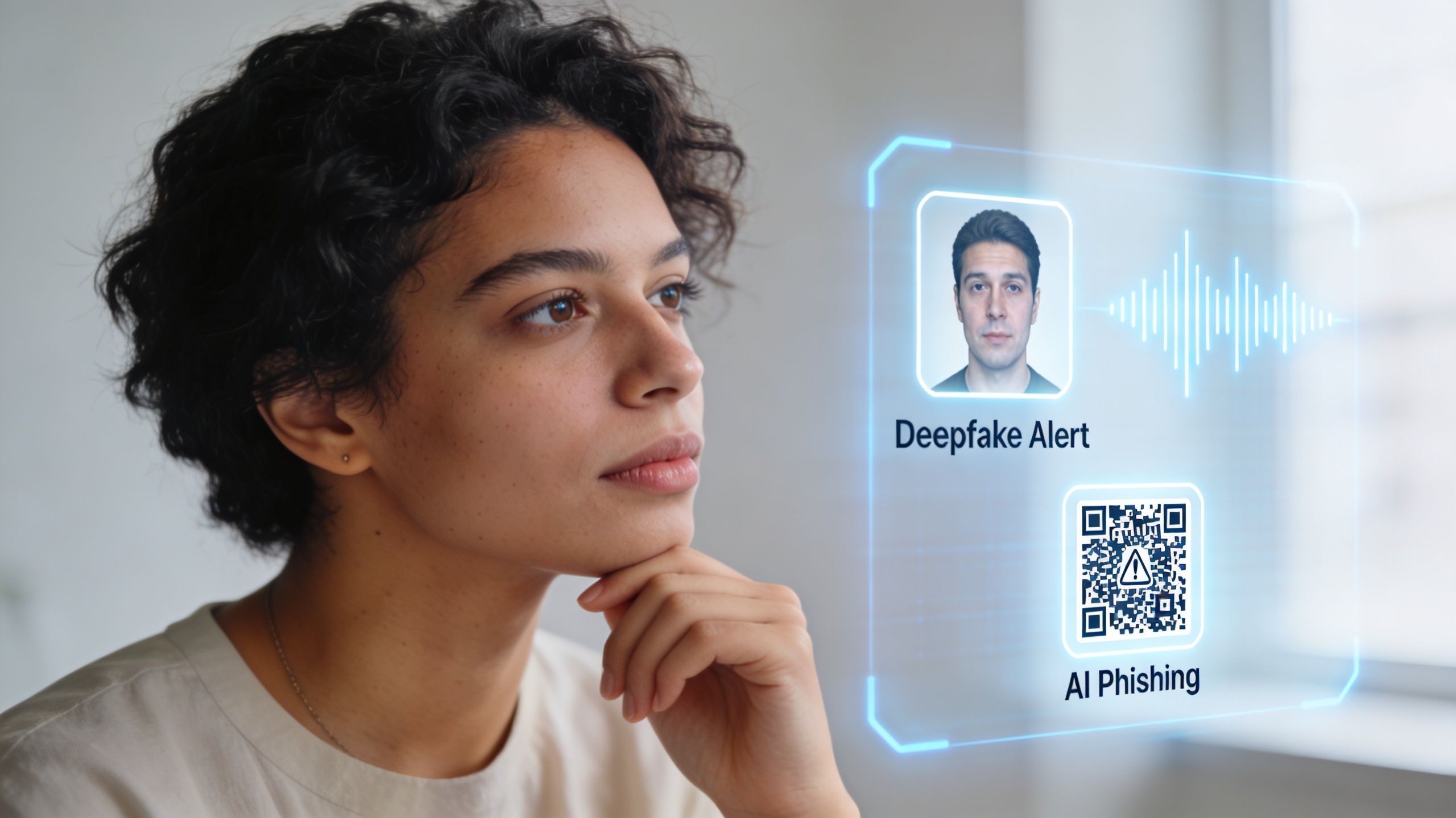 A woman looks at a digital interface showing a deepfake alert and AI phishing QR code warning.
