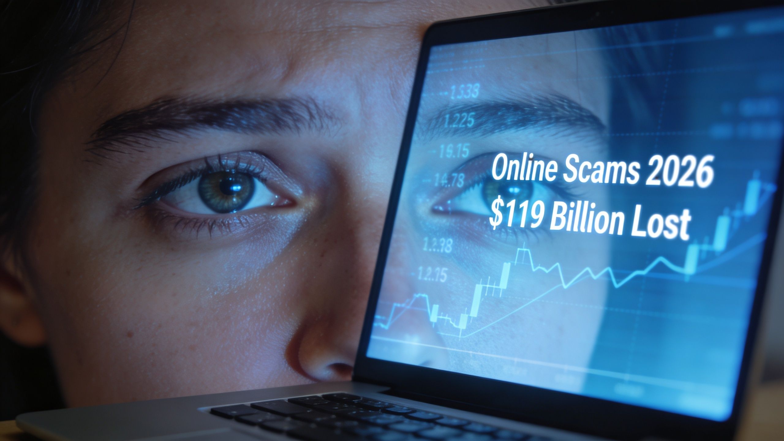 A close-up of a person looking at a laptop screen displaying a graph about online scams.