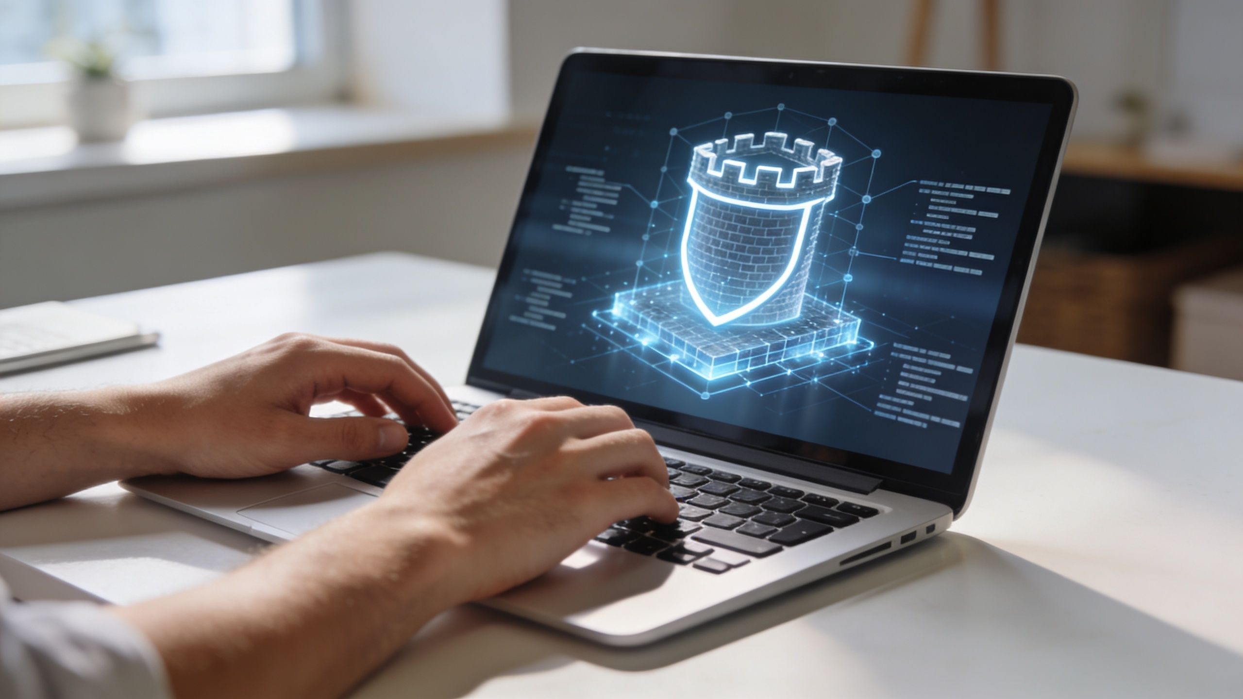 A person working on a laptop displaying a glowing digital shield and fortress cybersecurity graphic.