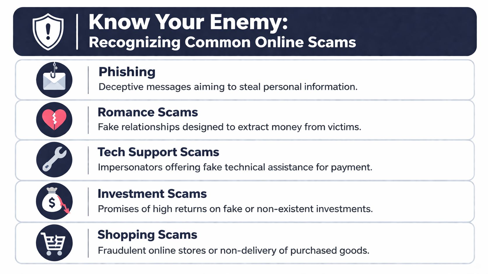 An infographic titled Know Your Enemy listing common online scams including phishing, romance, tech support, investment, and shopping.