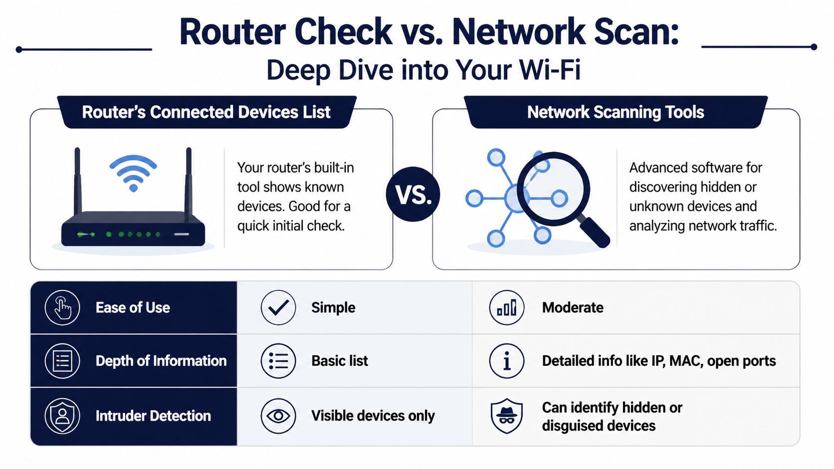 A comparison chart showing the differences between a router device list and advanced network scanning tools.