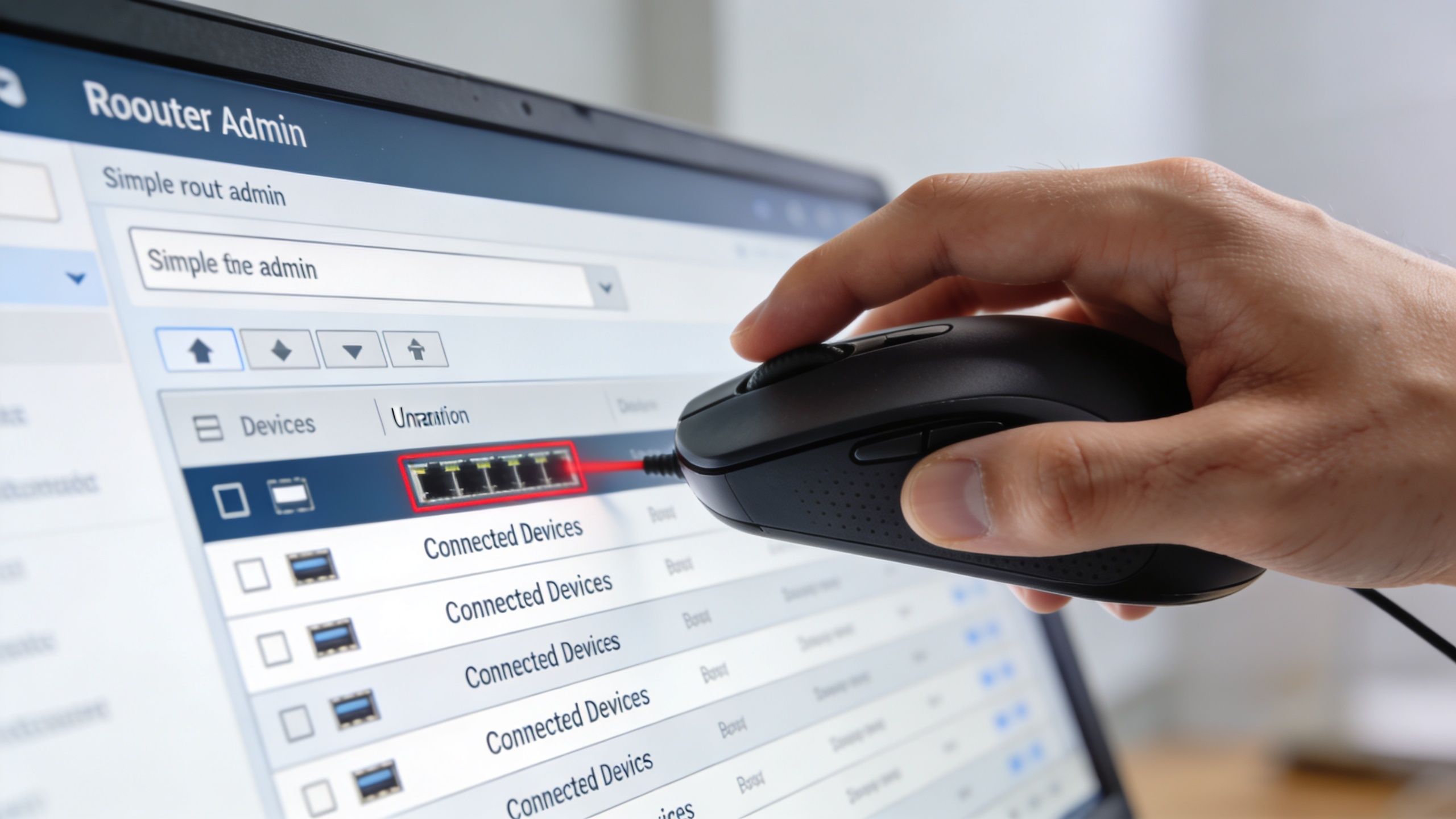A hand using a computer mouse to navigate settings on a router administration panel screen.