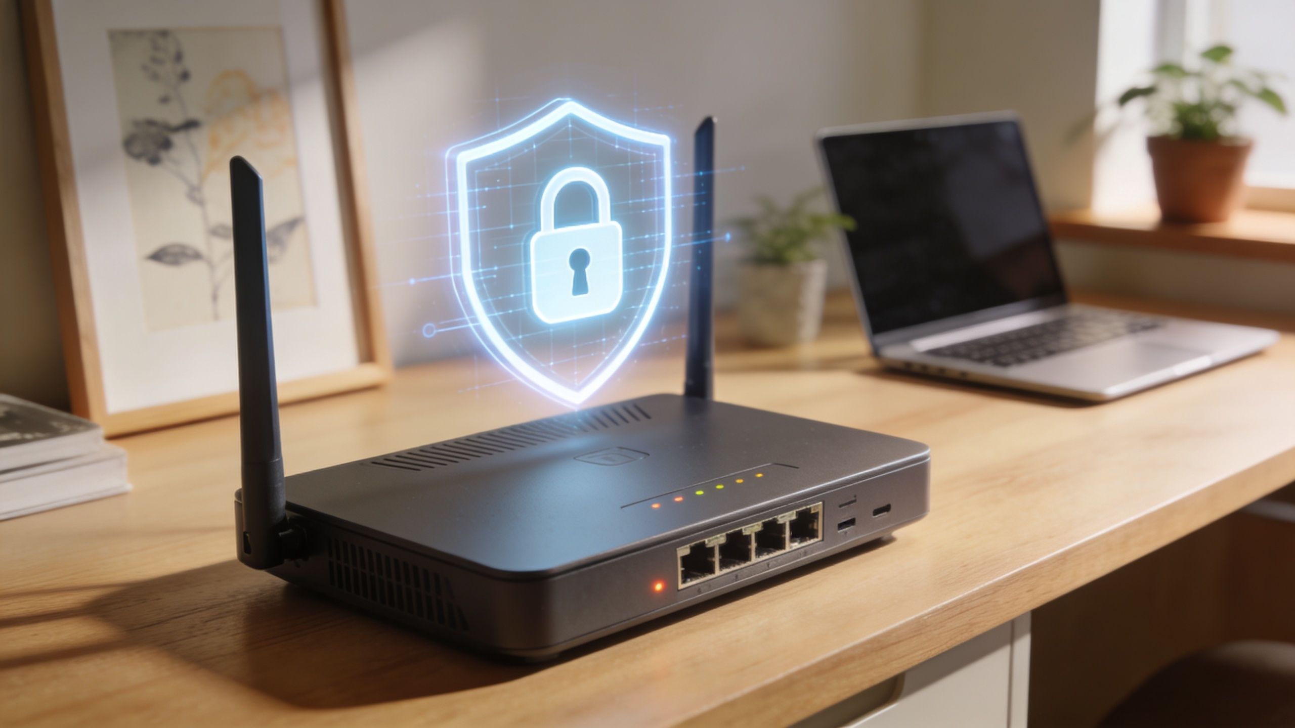 A Wi-Fi router sitting on a wooden desk with a glowing digital security shield icon hovering above it.