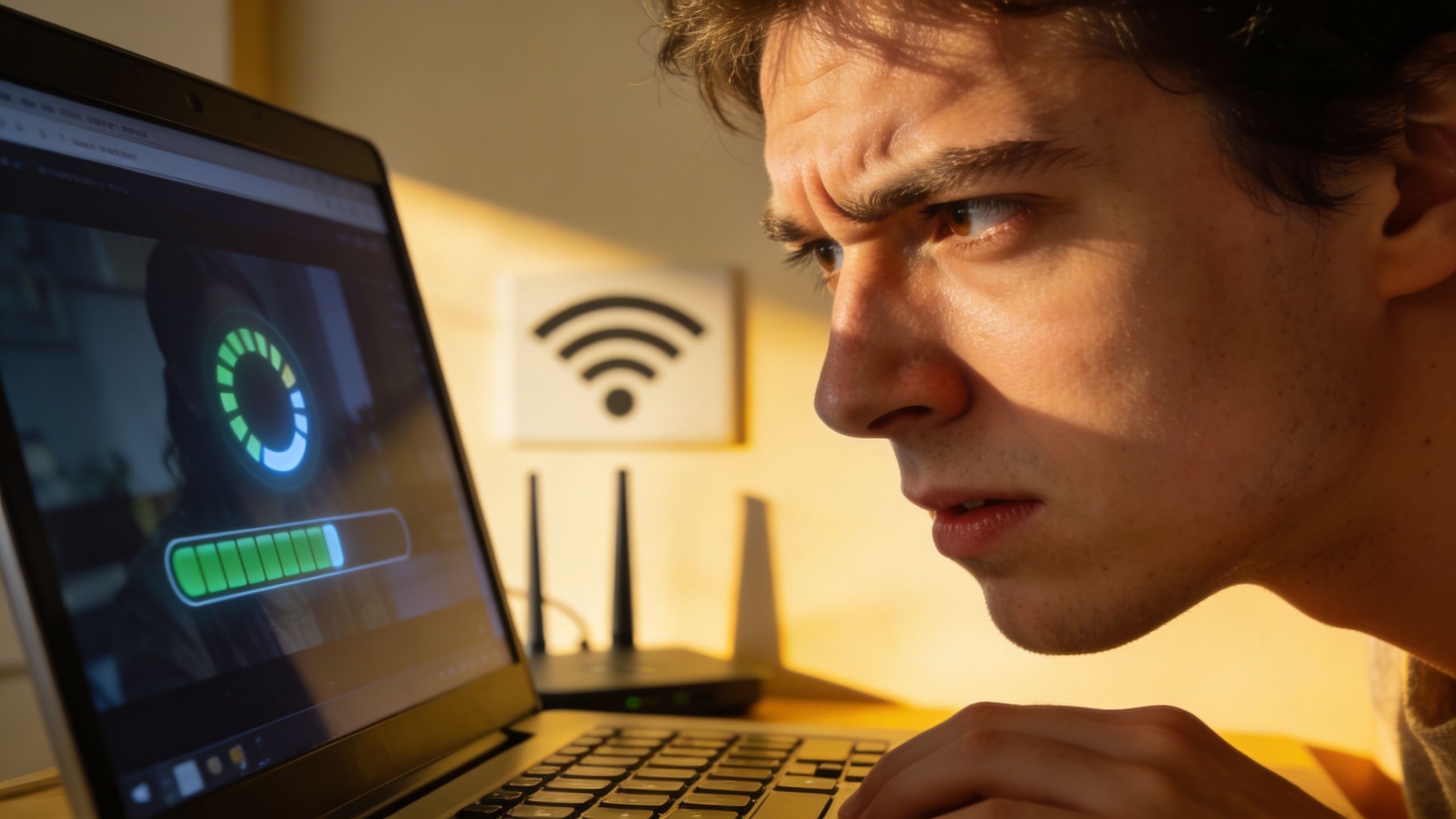 A concerned young man stares intensely at his laptop screen while experiencing slow internet connection issues.