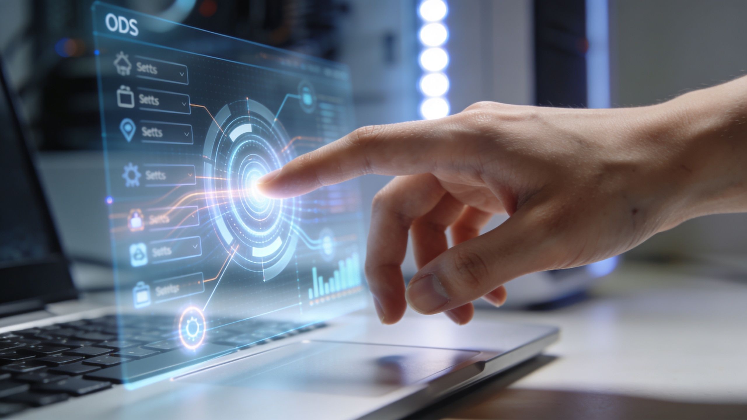 A close-up view of a person's finger touching a futuristic holographic interface floating above a laptop keyboard.