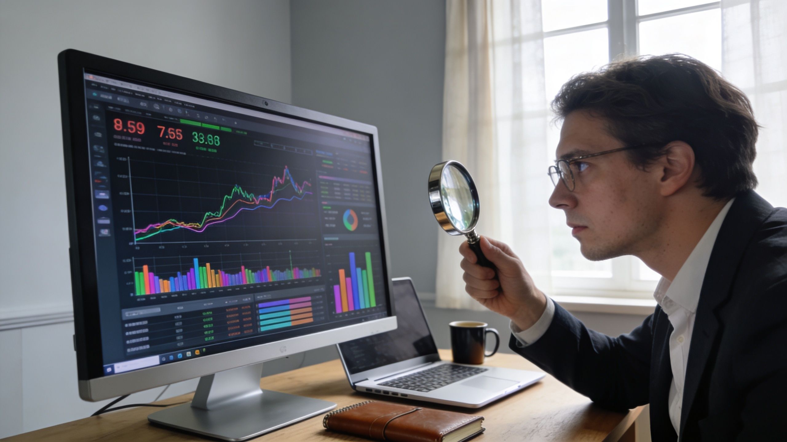 A professional man in a suit examines stock market data on a computer screen using a magnifying glass.
