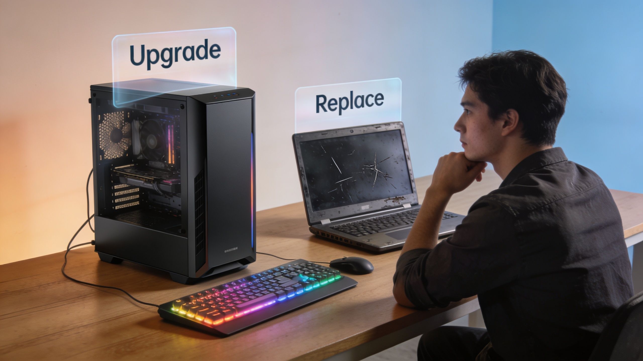 A person sitting at a desk deciding between upgrading a gaming PC or replacing a damaged laptop.