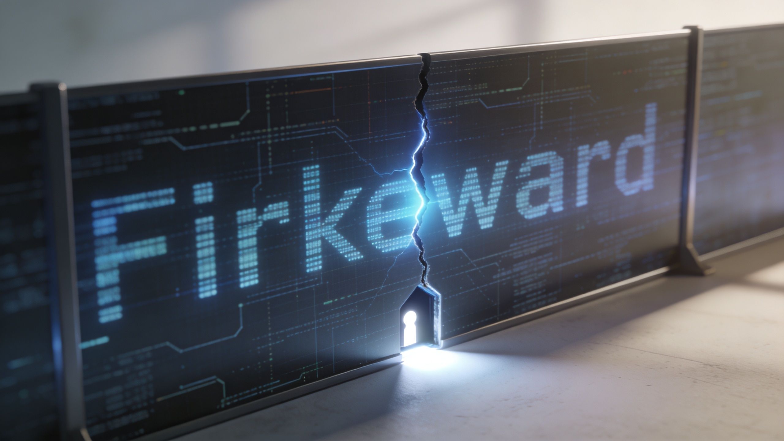 A digital firewall wall showing the word Firkeward with a crack and a keyhole light beam.