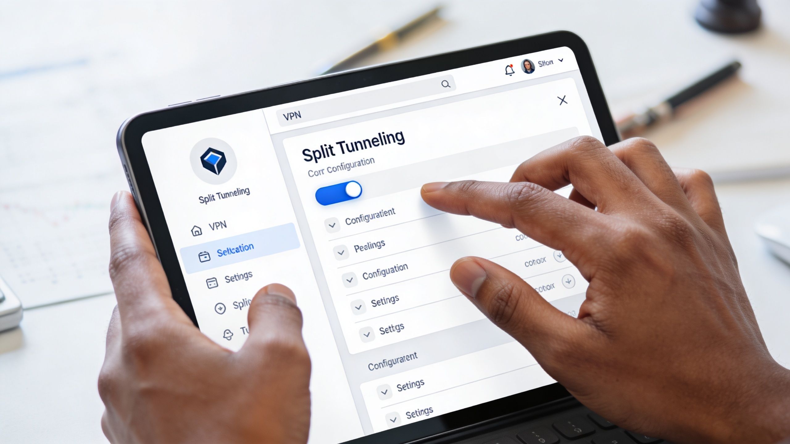 A person using a tablet to configure split tunneling settings on a VPN software interface.