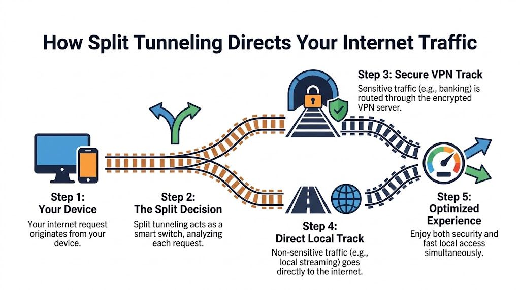 A diagram illustrating how split tunneling directs internet traffic through encrypted VPN and direct local tracks.