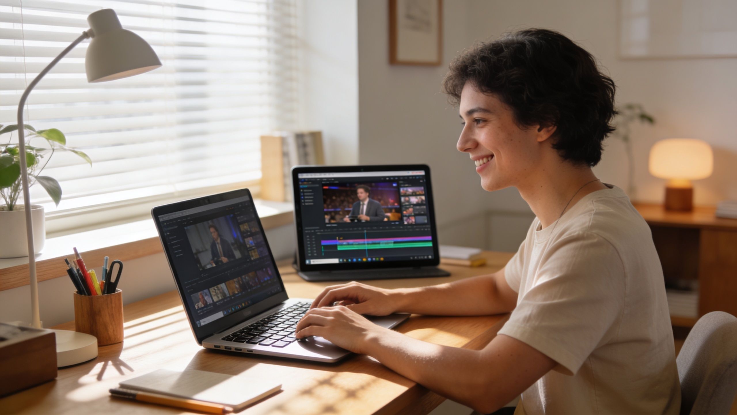 A young man smiling while editing video on a laptop at his bright, organized home workspace.